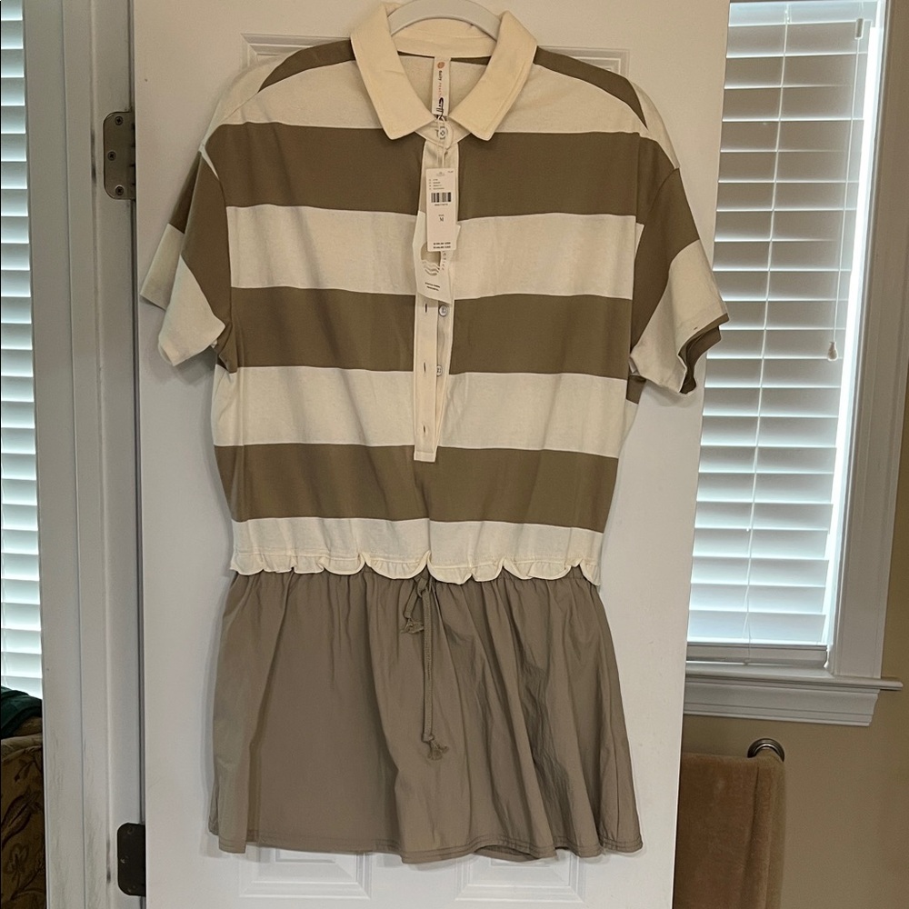 Striped Polo Dress in Cream and Khaki